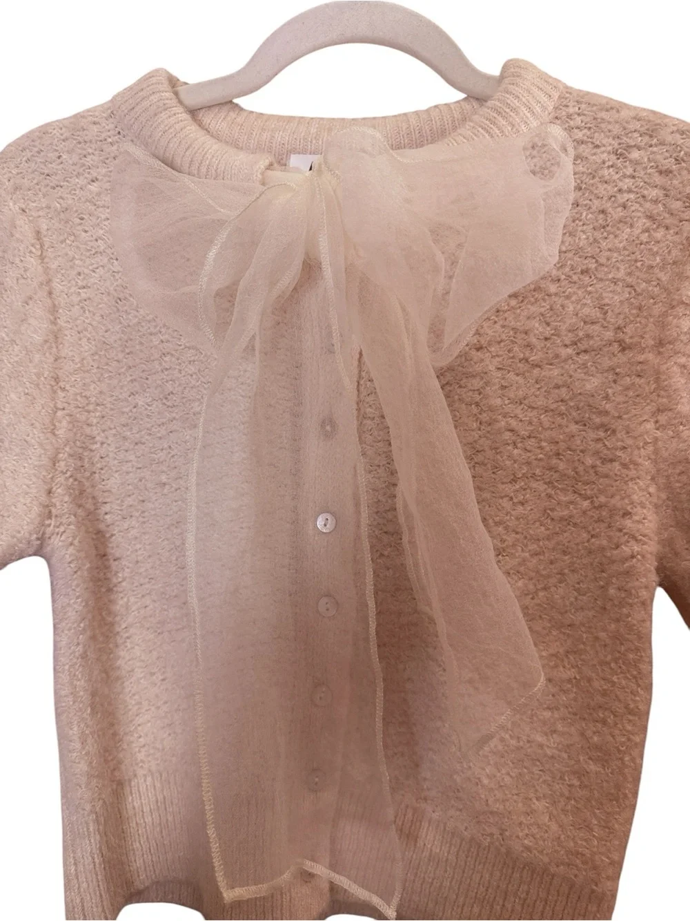 ASTR Women’s Cream Cottagecore Boucle Knit Button Front Sheer Dramatic Bow XS - Picture 2 of 11